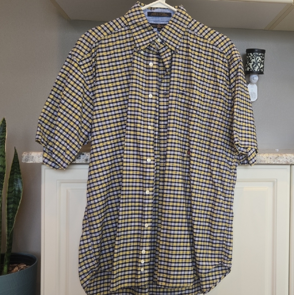Tommy Hilfiger Yellow & Navy Checked Short-Sleeve Button-Down Shirt Large Cotton